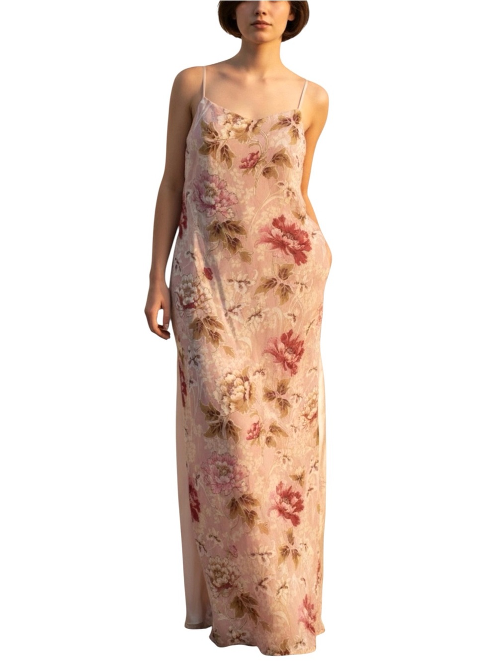 VTG Y2K April Cornell Soft Pink Maxi Slip Dress w/ Silk Floral Overlay - Size 4